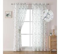 OWENIE Crushed Sheer Curtains 84 Inches Long 2 Panels Set, Sheer Floral Curtains with Printed Birds Leaves for Living Room Bedroom, Rod Pocket Light Filtering Summer Sheers (2 Panels, 42" x 84")