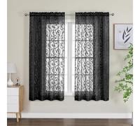 OWENIE Furman Sheer Curtains 63 inch Length for Bedroom Living Room 2 Panels Set, Jacquard Clip Textured Semi Sheer Black Curtain, Light Filtering Rod Pocket Farmhouse Window Treatments, 40Wx63L inch