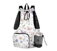 OWFKAY Butterflies Flowers Pastel Beach Drawstring Backpack Mesh Swimming Bag for Women Swim Gym with Waterproof Wet Pocket Packable Sports