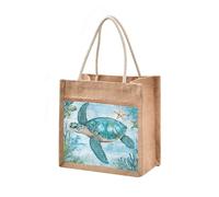 OWFKAY Canvas Tote Bag Women Beach Bag Burlap Beach Totes Grocery Shopping Travel Swim Gym Bags 12.6x14.2in Turtle Seaweed Starfish
