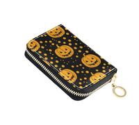 OWFKAY Credit Card Holder Halloween Little Creepy Pumpkin Small PU Leather Zipper Card Case Wallet for Women
