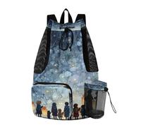 OWFKAY Drawstring Mesh Swimming Equipment Bag Sport Gym Bag Swim String Backpack Beach Surfing A Series of Star-Shaped Snowflakes Falling from The Sky (Each with A Faint Light) The Children Rais