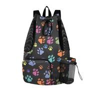 OWFKAY Drawstring Mesh Swimming Equipment Bag Sport Gym Bag Swim String Backpack Beach Surfing Colorful Hand Drawn Footprint Pattern