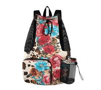 OWFKAY Drawstring Mesh Swimming Equipment Bag Sport Gym Bag Swim String Backpack Beach Surfing Leopard Print Flower Pattern