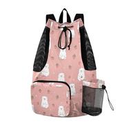 OWFKAY Drawstring Mesh Swimming Equipment Bag Sport Gym Bag Swim String Backpack Beach Surfing Strawberry White Bear Pattern