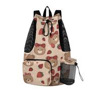 OWFKAY Drawstring Mesh Swimming Equipment Bag Sport Gym Bag Swim String Backpack Beach Surfing Strawberry Bear Bow Pattern