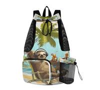 OWFKAY Drawstring Mesh Swimming Equipment Bag Sport Gym Bag Swim String Backpack Beach Surfing The Sloth is Listening to Music