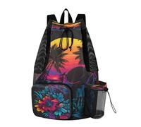 OWFKAY Drawstring Mesh Swimming Equipment Bag Sport Gym Bag Swim String Backpack Beach Surfing Tropical Beach Skull