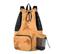 OWFKAY Fall Floral Bow Orange Beach Drawstring Backpack Mesh Swimming Bag for Women Swimming Gym with Wet Pocket Packable Sports