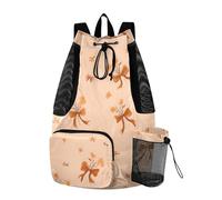 OWFKAY Fall Orange Floral Bow Beach Drawstring Backpack Mesh Swimming Bag for Women Swimming Gym with Wet Pocket Packable Sports