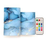 OWFKAY Flickering Flameless Candles-Blue Gilded Marble,Set of 2 Battery Operated Flameless LED Candles, Fake Candles with 18-Key Remote Control