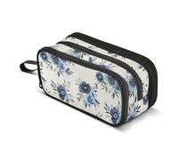 OWFKAY Indigo Floral Flower Pencil Case for Girls School Large Capacity with 3 Compartments Pencil Pouch Back to School Supplies Stationery Organizer