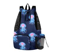 OWFKAY Jellyfish Darkblue Beach Drawstring Backpack Mesh Swimming Bag for Men Women Swim Gym with Waterproof Wet Pocket Packable Sports