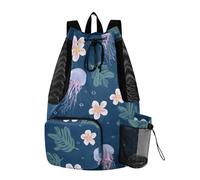 OWFKAY Jellyfish Plumeria Beach Drawstring Backpack Mesh Swimming Bag for Men Women Swim Gym with Waterproof Wet Pocket Packable Sports