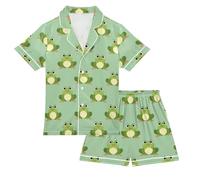 OWFKAY Kids Satin Pyjamas Set, Cute Frogs Girls Short Sleeve Button-Down Pajamas Sleepwear Pjs, 13-14 Multicolor