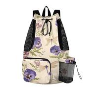 OWFKAY Kiss-me Pansy Tower Beach Drawstring Backpack Mesh Swimming Bag for Women Swim Gym with Waterproof Wet Pocket Packable Sports