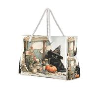 OWFKAY Large Beach Bags Totes Canvas Tote Shoulder Bag Black Cat Magic Books Water Resistant Bags for Gym Travel Daily