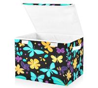 OWFKAY Large Collapsible Fabric Storage Bins with Lids 16.5*12.6*11.8in Blue Yellow Butterflies Pattern Foldable Storage Boxes Organizer Containers Baskets Cube for Shelves