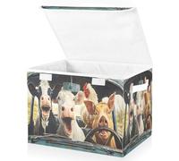 OWFKAY Large Collapsible Fabric Storage Bins with Lids 16.5*12.6*11.8in Cow Pig Chicken Driving Car Foldable Storage Boxes Organizer Containers Baskets Cube for Shelves