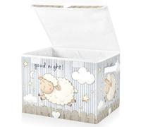 OWFKAY Large Collapsible Fabric Storage Bins with Lids 16.5*12.6*11.8in Cute Cartoon Of Sheep Jumping over The Fence with Good Night! Write It in A Sim Foldable Storage Boxes Organizer C
