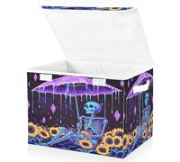 OWFKAY Large Collapsible Fabric Storage Bins with Lids 16.5*12.6*11.8in Purple Skeleton Sunflower Umbrella Foldable Storage Boxes Organizer Containers Baskets Cube for Shelves