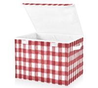 OWFKAY Large Collapsible Fabric Storage Bins with Lids 16.5*12.6*11.8in Red and White Classic Plaid Foldable Storage Boxes Organizer Containers Baskets Cube for Shelves