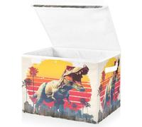 OWFKAY Large Collapsible Fabric Storage Bins with Lids 16.5*12.6*11.8in Tyrannosaurus Miami Sunset Foldable Storage Boxes Organizer Containers Baskets Cube for Shelves