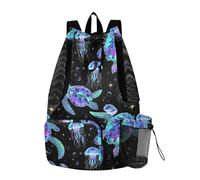 OWFKAY Neon Jellyfish Turtle Beach Drawstring Backpack Mesh Swimming Bag for Women Men Swim Gym with Waterproof Wet Pocket Packable Sports