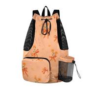 OWFKAY Orange Fall Bow Flower Beach Drawstring Backpack Mesh Swimming Bag for Women Swimming Gym with Wet Pocket Packable Sports