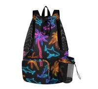 OWFKAY Palm Tree Sharks Neon Beach Drawstring Backpack Mesh Swimming Bag for Men Women Swim Gym with Waterproof Wet Pocket Packable Sports