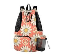 OWFKAY Peace Symbol Daisy Flower Beach Drawstring Backpack Mesh Swimming Bag for Women Swim Gym with Waterproof Wet Pocket Packable Sports
