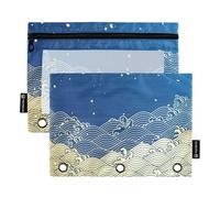 OWFKAY Pencil Pouch for 3 Ring Binder,Bulk 2 Pack-3 Holes Zipper Binder Pouches with Clear Window-Blue Japanese Sea Wave