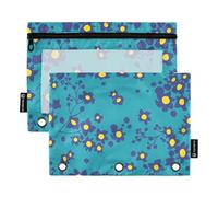 OWFKAY Pencil Pouch for 3 Ring Binder,Bulk 2 Pack-3 Holes Zipper Binder Pouches with Clear Window-Blue Yellow Ditsy Floral