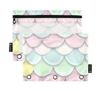 OWFKAY Pencil Pouch for 3 Ring Binder,Bulk 2 Pack-3 Holes Zipper Binder Pouches with Clear Window-Blue Pink Green Scale Pattern