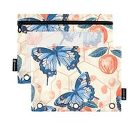 OWFKAY Pencil Pouch for 3 Ring Binder,Bulk 2 Pack-3 Holes Zipper Binder Pouches with Clear Window-Blue Butterfly Yellow Background Pattern
