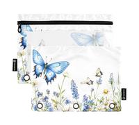 OWFKAY Pencil Pouch for 3 Ring Binder,Bulk 2 Pack-3 Holes Zipper Binder Pouches with Clear Window-Butterfly Flowers