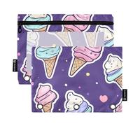 OWFKAY Pencil Pouch for 3 Ring Binder,Bulk 2 Pack-3 Holes Zipper Binder Pouches with Clear Window-Cartoon Ice Cream Pattern