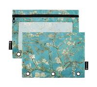 OWFKAY Pencil Pouch for 3 Ring Binder,Bulk 2 Pack-3 Holes Zipper Binder Pouches with Clear Window-Cherry Bloosom on Blue