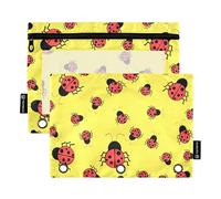 OWFKAY Pencil Pouch for 3 Ring Binder,Bulk 2 Pack-3 Holes Zipper Binder Pouches with Clear Window-Cute Ladybug Polka Dot Yellow