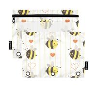 OWFKAY Pencil Pouch for 3 Ring Binder,Bulk 2 Pack-3 Holes Zipper Binder Pouches with Clear Window-Cute Yellow and Black Bee with Heart