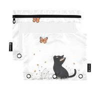 OWFKAY Pencil Pouch for 3 Ring Binder,Bulk 2 Pack-3 Holes Zipper Binder Pouches with Clear Window-Cute Black Cat
