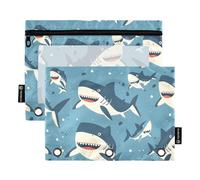 OWFKAY Pencil Pouch for 3 Ring Binder,Bulk 2 Pack-3 Holes Zipper Binder Pouches with Clear Window-Cute Sharks