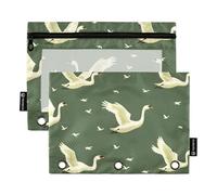 OWFKAY Pencil Pouch for 3 Ring Binder,Bulk 2 Pack-3 Holes Zipper Binder Pouches with Clear Window-Flying Swans on Green Pattern