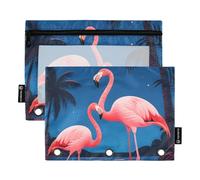 OWFKAY Pencil Pouch for 3 Ring Binder,Bulk 2 Pack-3 Holes Zipper Binder Pouches with Clear Window-Flamingos Moon