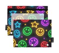 OWFKAY Pencil Pouch for 3 Ring Binder,Bulk 2 Pack-3 Holes Zipper Binder Pouches with Clear Window-Graffiti Smiley Face Pattern
