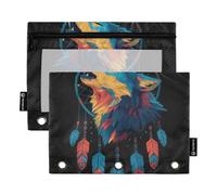 OWFKAY Pencil Pouch for 3 Ring Binder,Bulk 2 Pack-3 Holes Zipper Binder Pouches with Clear Window-Howling Wolf Dreamcatcher