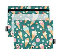 OWFKAY Pencil Pouch for 3 Ring Binder,Bulk 2 Pack-3 Holes Zipper Binder Pouches with Clear Window-Ice Cream Pattern