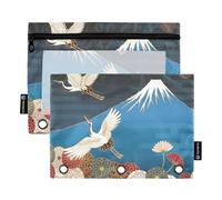 OWFKAY Pencil Pouch for 3 Ring Binder,Bulk 2 Pack-3 Holes Zipper Binder Pouches with Clear Window-Japanese Style Mountain