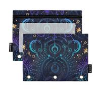 OWFKAY Pencil Pouch for 3 Ring Binder,Bulk 2 Pack-3 Holes Zipper Binder Pouches with Clear Window-Moon Star Witchy Blue & Purple