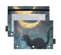 OWFKAY Pencil Pouch for 3 Ring Binder,Bulk 2 Pack-3 Holes Zipper Binder Pouches with Clear Window-Moon and Black Cat